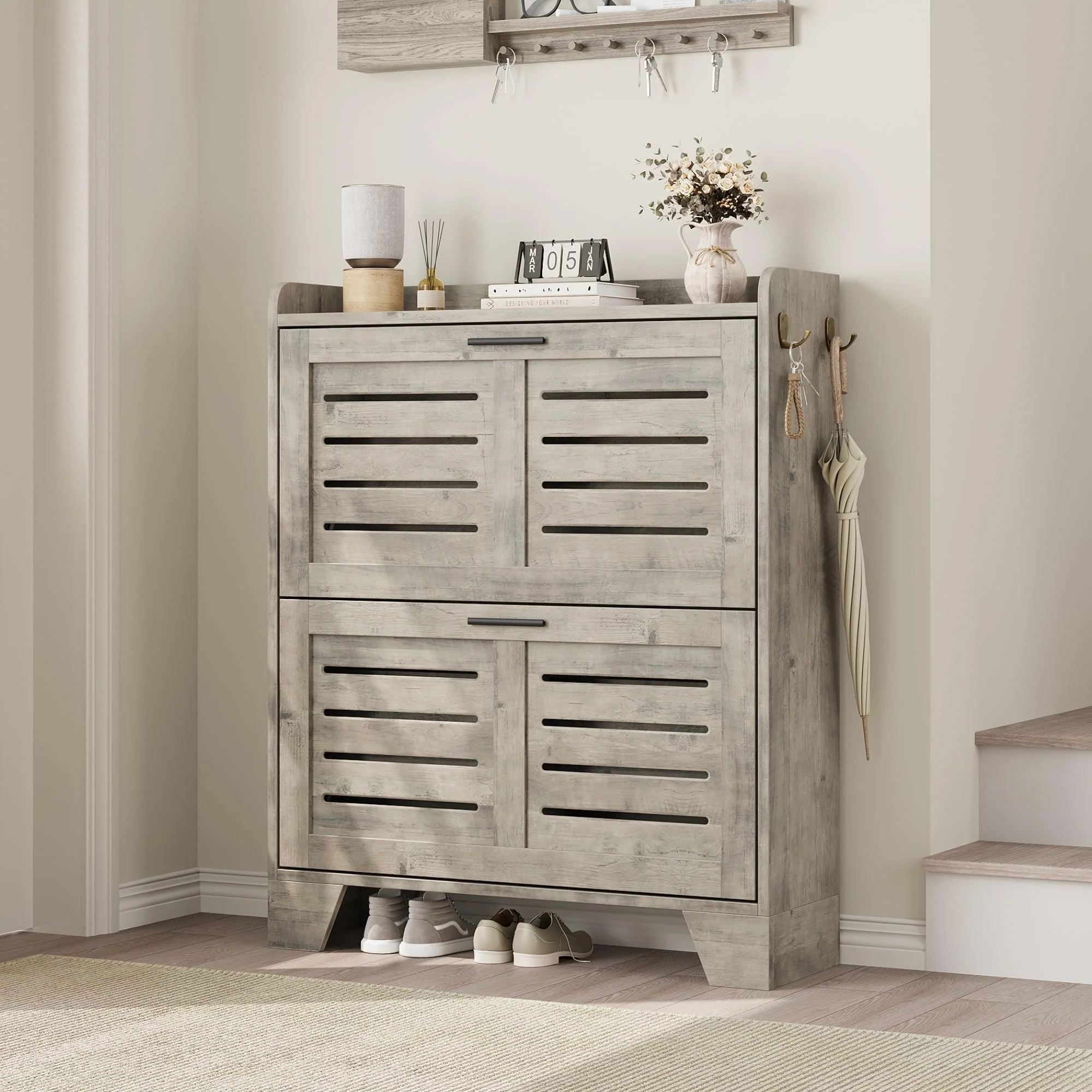 Shoe Cabinet Storage for Entryway, Narrow Shoe Cabinet with 2 Flip Drawers, Freestanding Hidden Shoe Organizer Cabinet