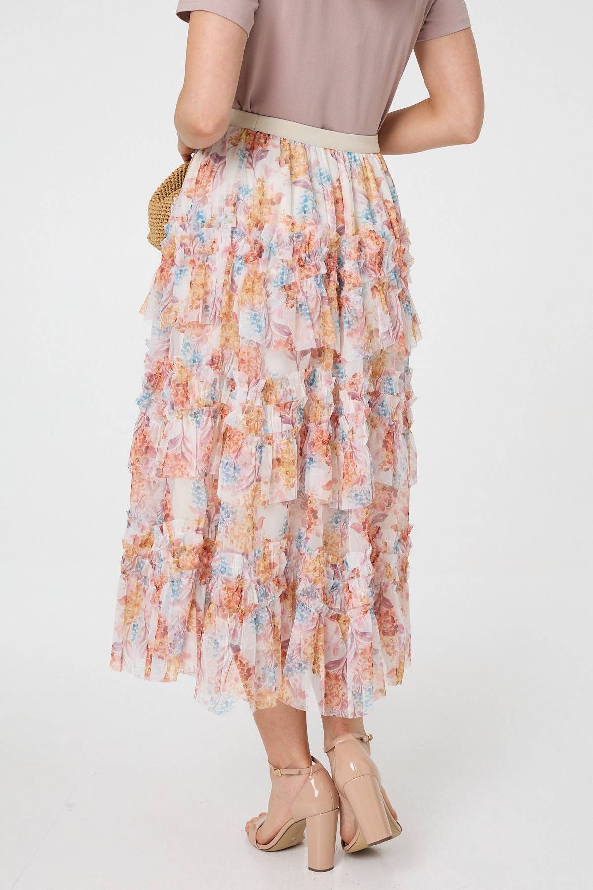 Izabel London Floral Ruffled High Waist Midi Skirt