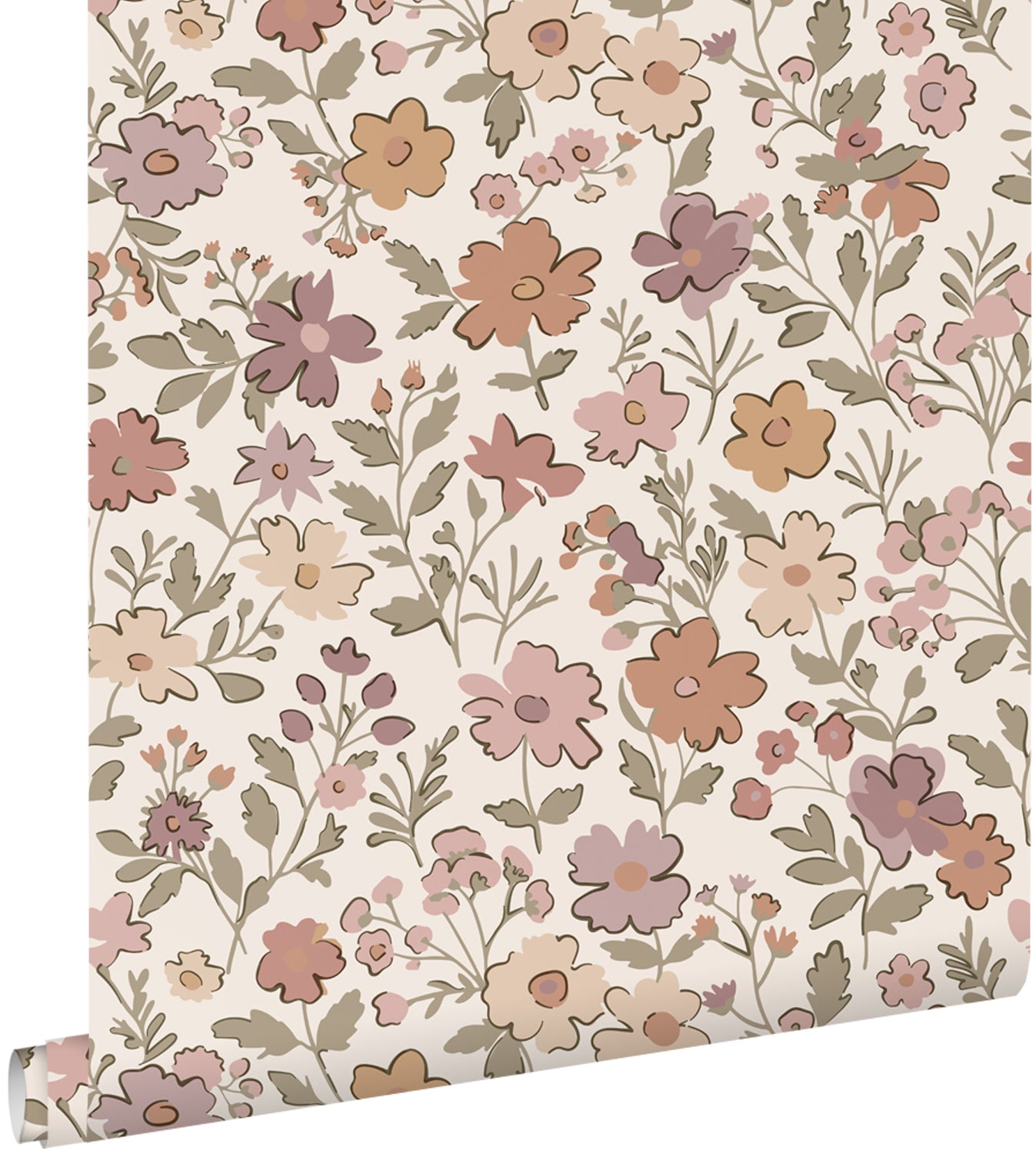 ESTAhome behang bloemetjes mauve paars, vergrijsd groen en terracotta - 53 cm x 10.05 m - 131328