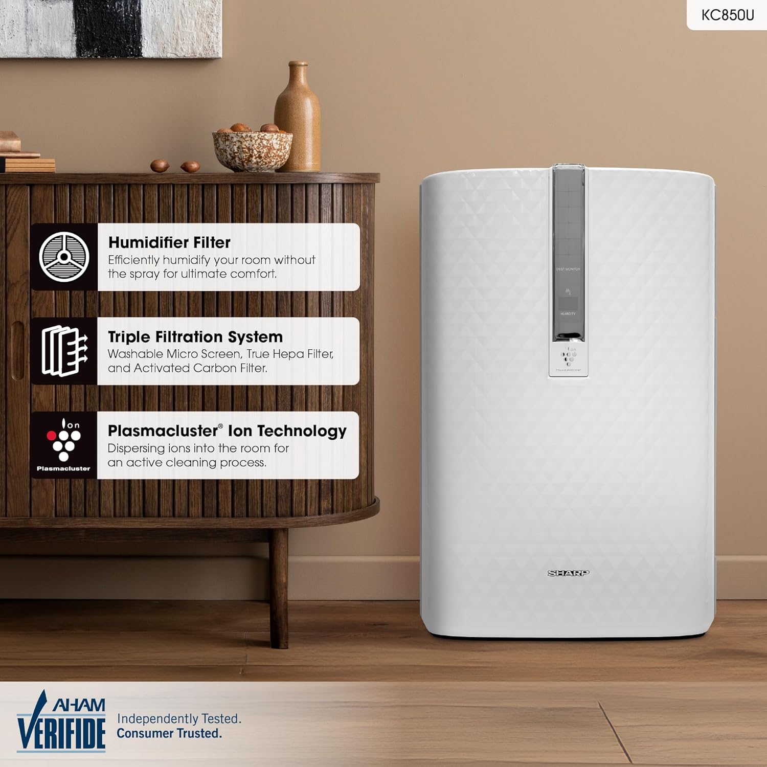 SHARP Air Purifier with Humidifier Combo – Covers up to 1,230 sqft in one hour, True HEPA Filter Air Purifier for Medium Rooms, Home Nursery, Dust, Smoke, Pollen - KC850U
