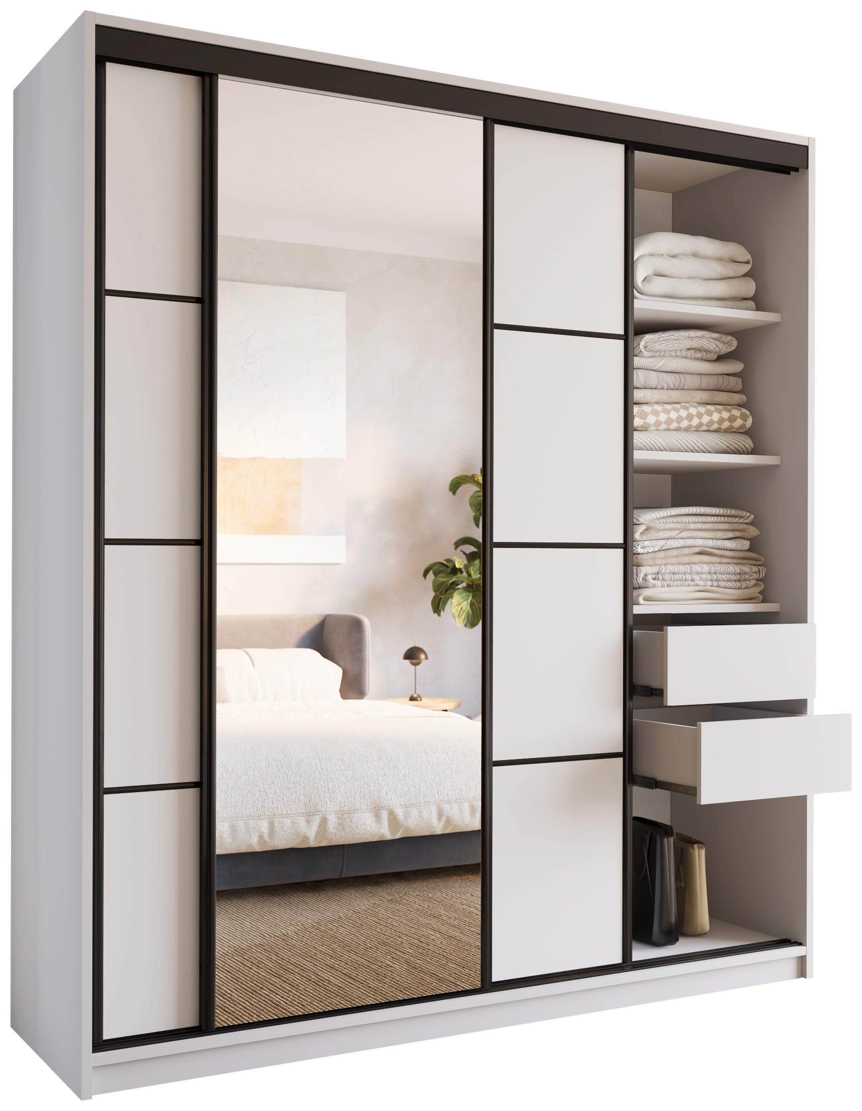 Szafa przesuwna z lustrem i szufladami 180 cm biała LOFT