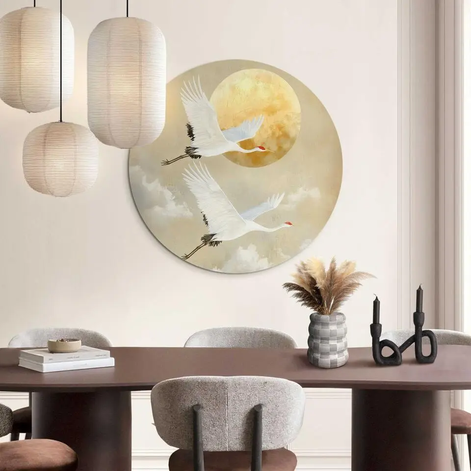Glasschilderij Kraanvogels onder de maan - &Oslash; 70 - Beige