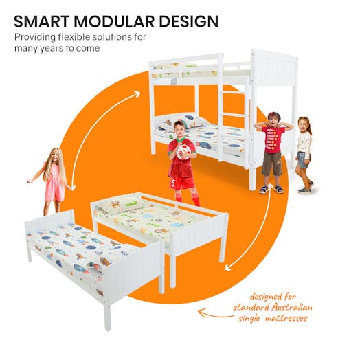 NNEMB Single Bunk Bed Frame Solid Pine Wood Timber-Modular Design-White