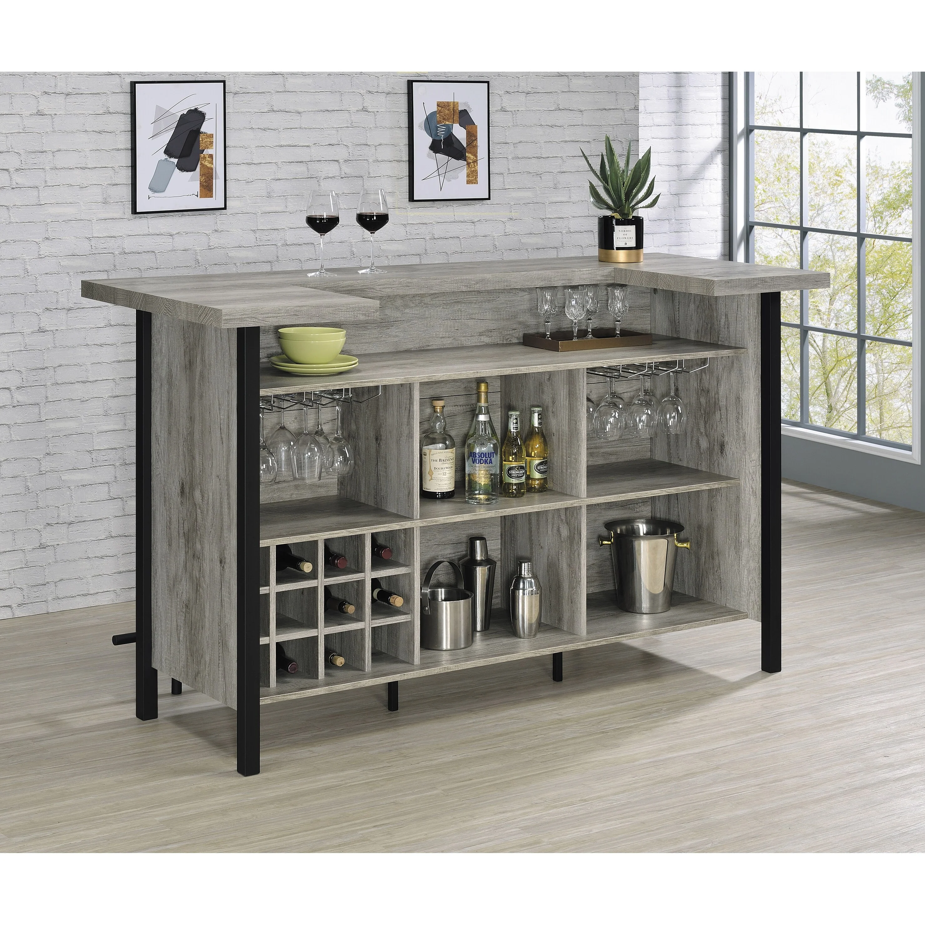Menimen Grey Driftwood Bar Unit with Stemware Racks