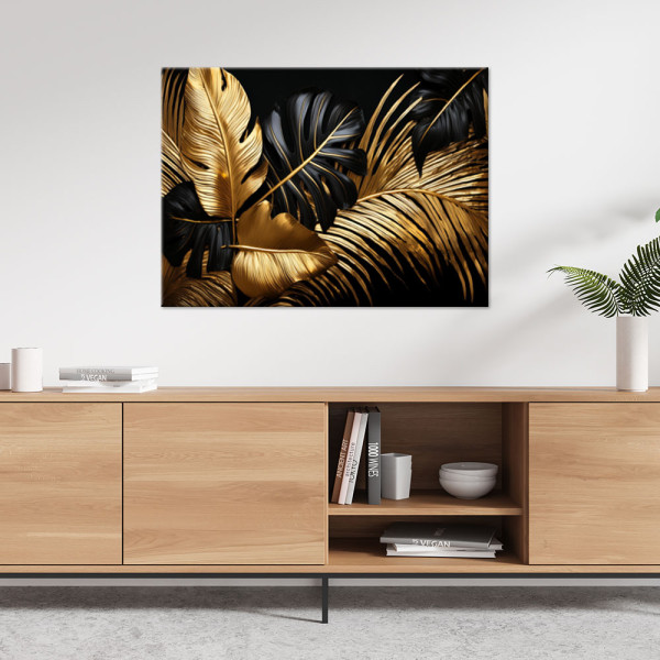 Feeby Obraz na płótnie, Złoto Czarne Liscie Palmy Monstery 60x40