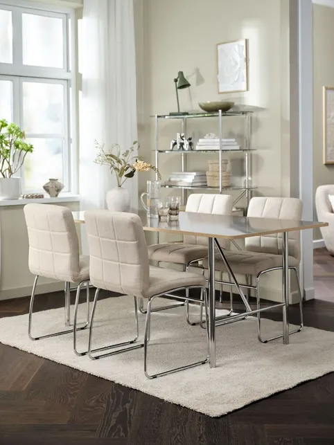 HORNUM L180 bord brun/krom + 4 HAMMEL stole beige