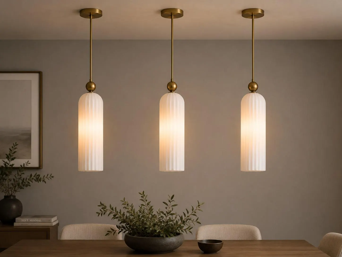 Handcrafted Fluted Alabaster Pendant Light, Solid Brass, Modern Dining Room Lighting