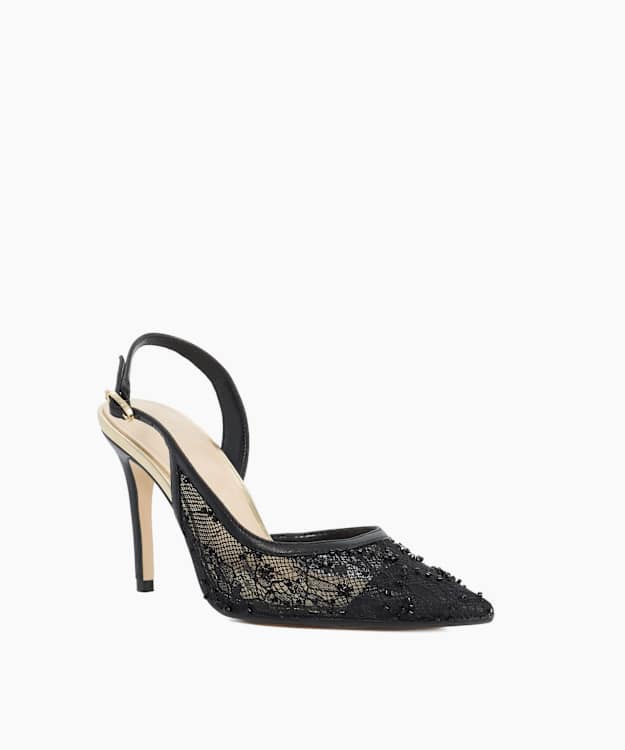 Carmellia Black - Lace Embellished Slingback Court Shoes