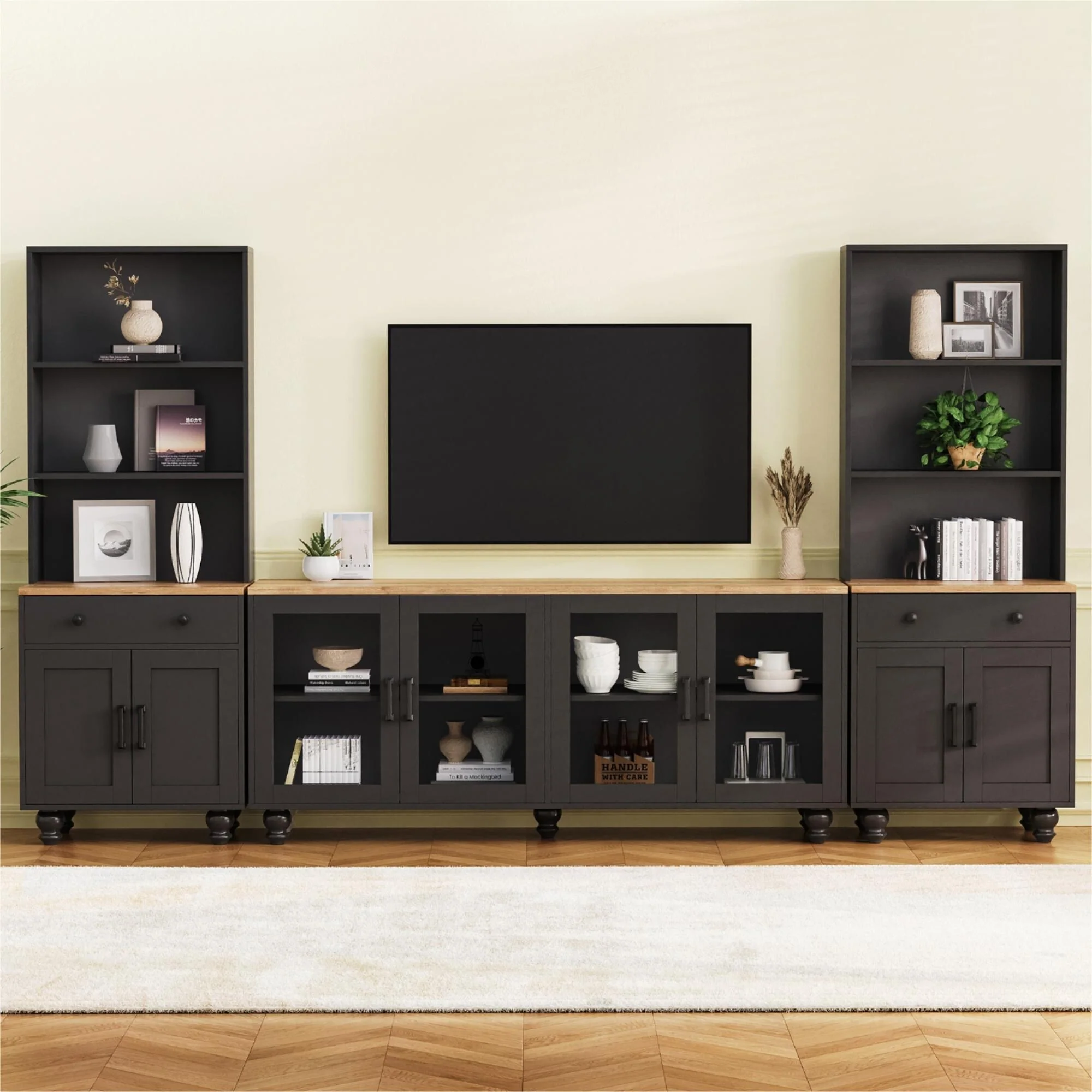 Black + Dark Walnut Farmhouse TV Entertainment Center with Bookshelves & Tempered Glass Doors for TVs Up to 70