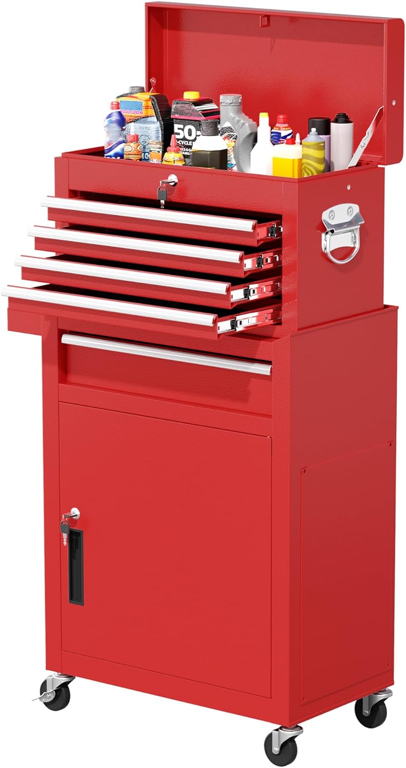 Greenvelly Tool Chest, 5-Drawer Rolling Tool Chest with Hooks and Lockable Wheels, Detachable Top Tool Box, Toolbox with Wheels, Rolling Tool Box for Mechanics Garage Workshop and Tool Room (Red)