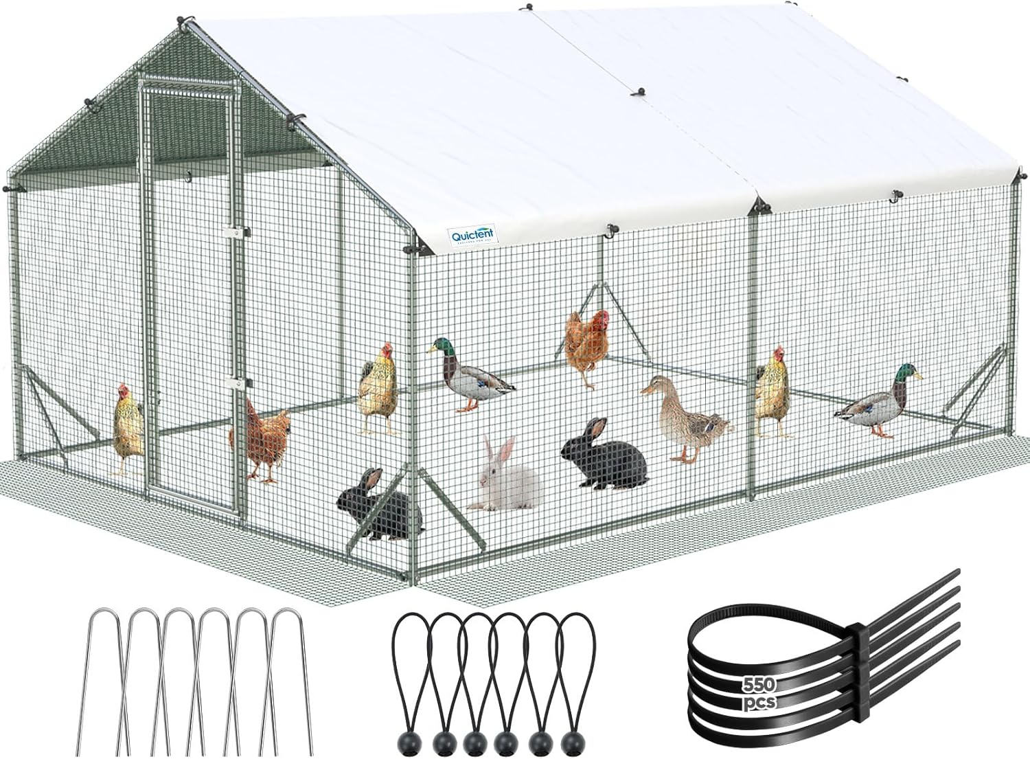 Quictent Large Metal Chicken Coop Run for 20+ Poultry with Side Hardware Cloth & Waterproof Cover  Advanced Series Outdoor Walk-in Cage Hen Duck Rabbit Dog Pen Yard Farm House  12x9x6.6FT