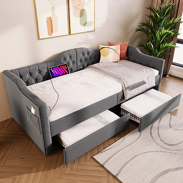 Lit combiné 90 x 190 cm - Lit avec rangement et 2 tiroirs - Lin Gris - Sans Matelas