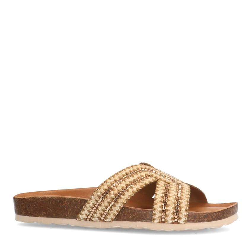 Manfield Beige raffia slippers met glittersteentjes