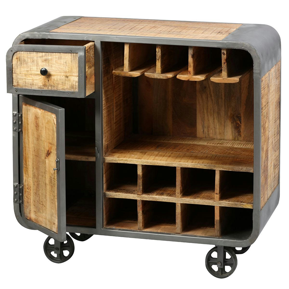 EDWIN - Meuble  bar multi-rangements acier et bois massif