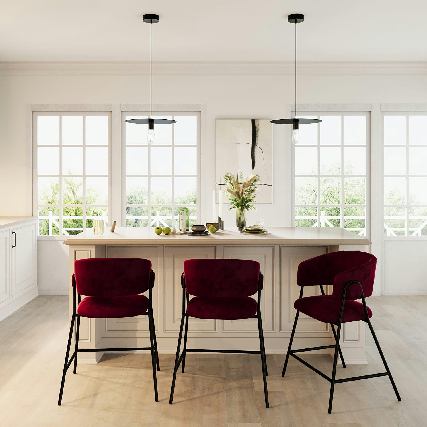 BONNIE - Lot de 2 tabourets de bar avec dossier, velours bordeaux