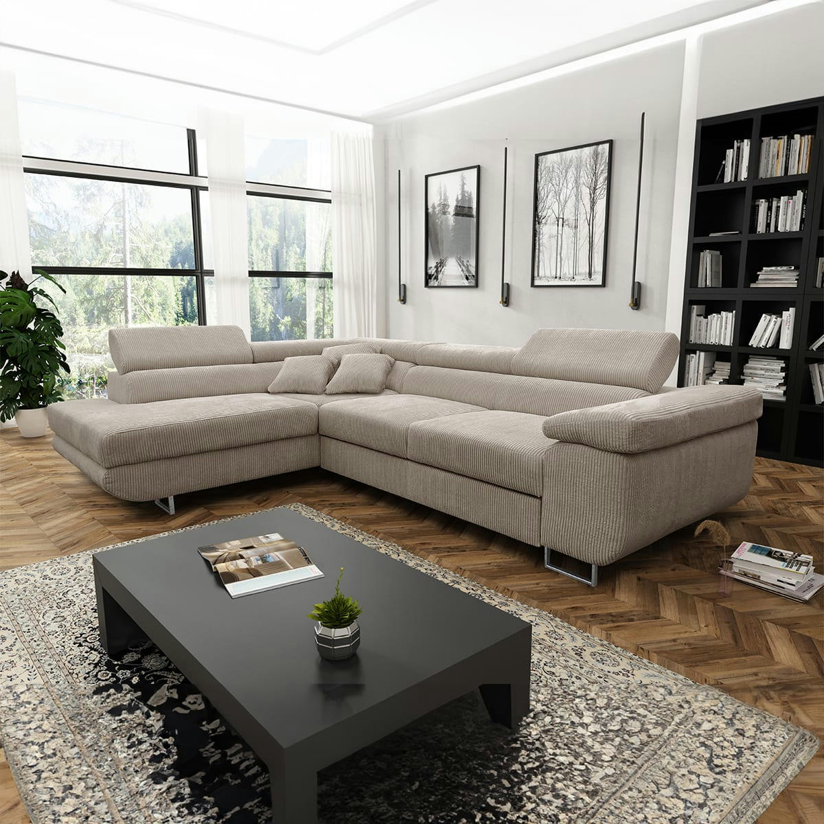 - Canapé d'angle convertible gauche 4 places coffre velours côtelé taupe