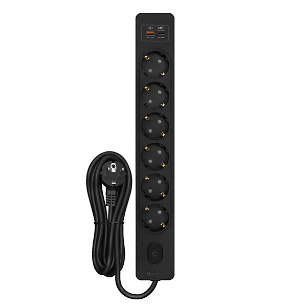 Multiprise SELDUR G6TH12S, 6 prises type F   interrupteur, USB A C charge rapide 20W, Noir, câble 1.5m