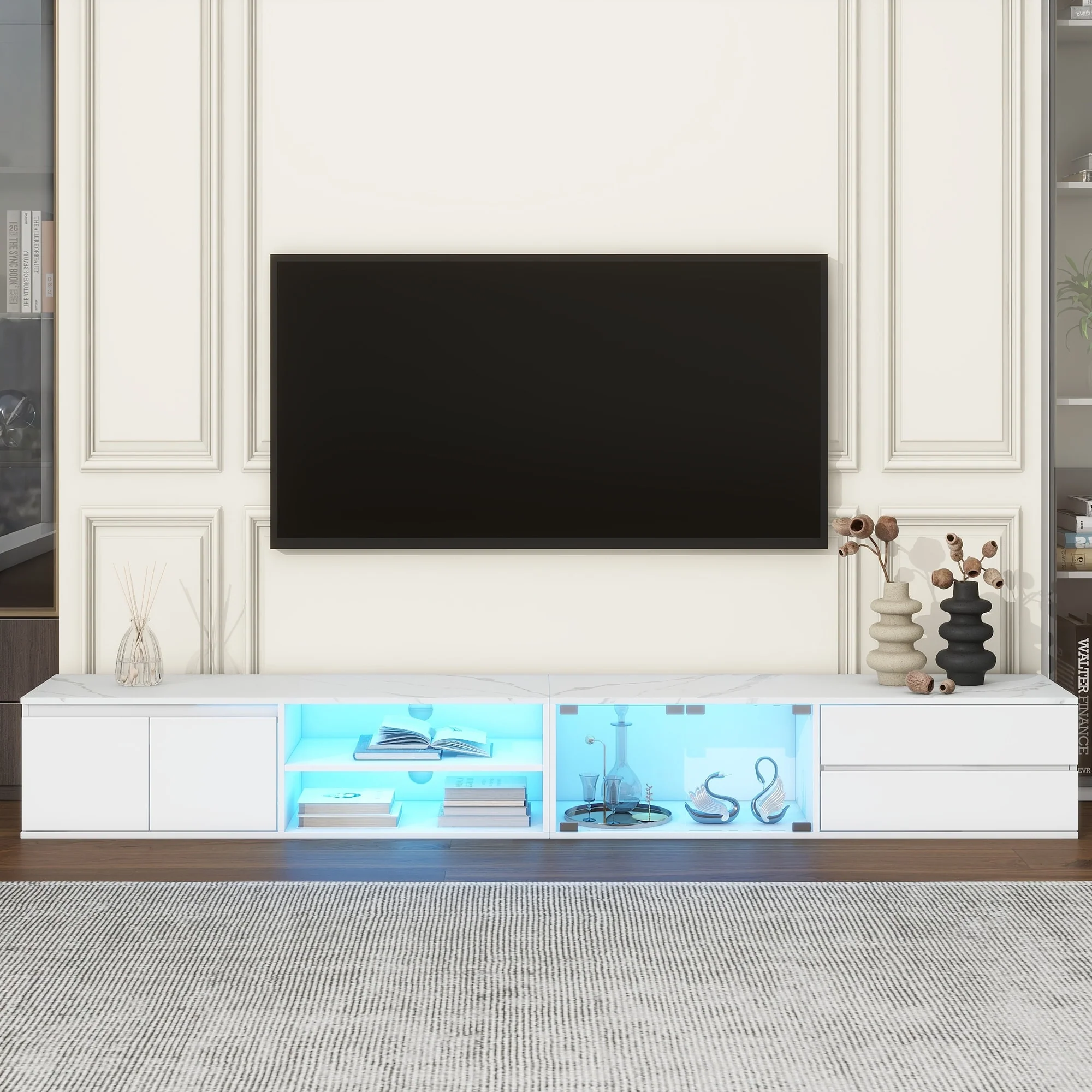 Modern App-Controlled LED TV Stand for TVs Up to 105 Inches Faux Marble Top Media Console with Tempered