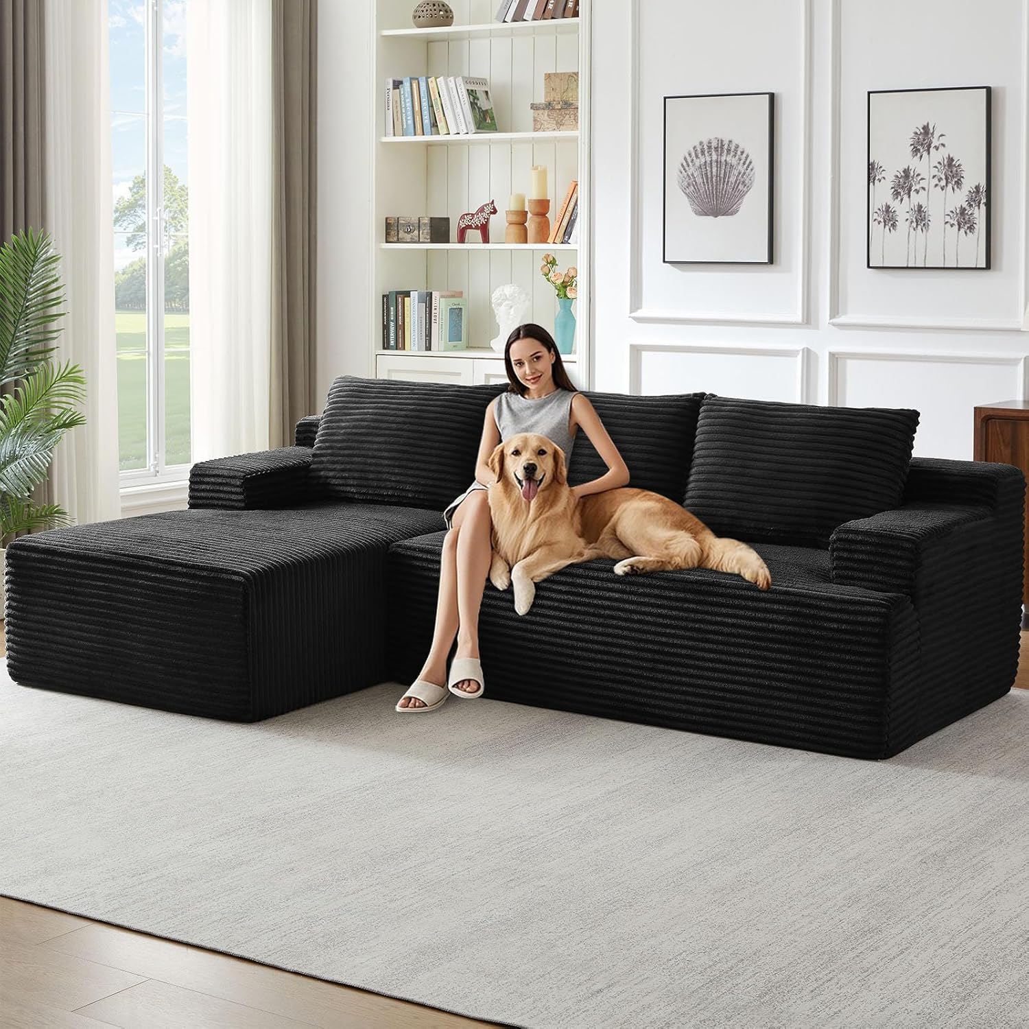 96 Cloud Sectional Couch with L-Shape Chaise, Modern Corduroy Boneless Couch for Living Room,Memory Foam Sofa with Deep Seat,No Assembly Required (Black,Left-Facing Chaise)