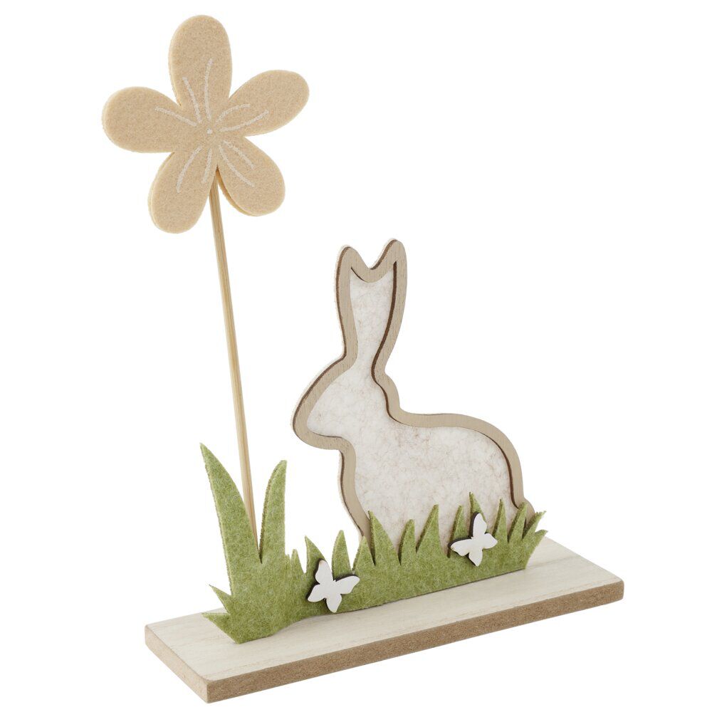 Décoration à poser lapin en bois et fleur L19,5xH24,5cm