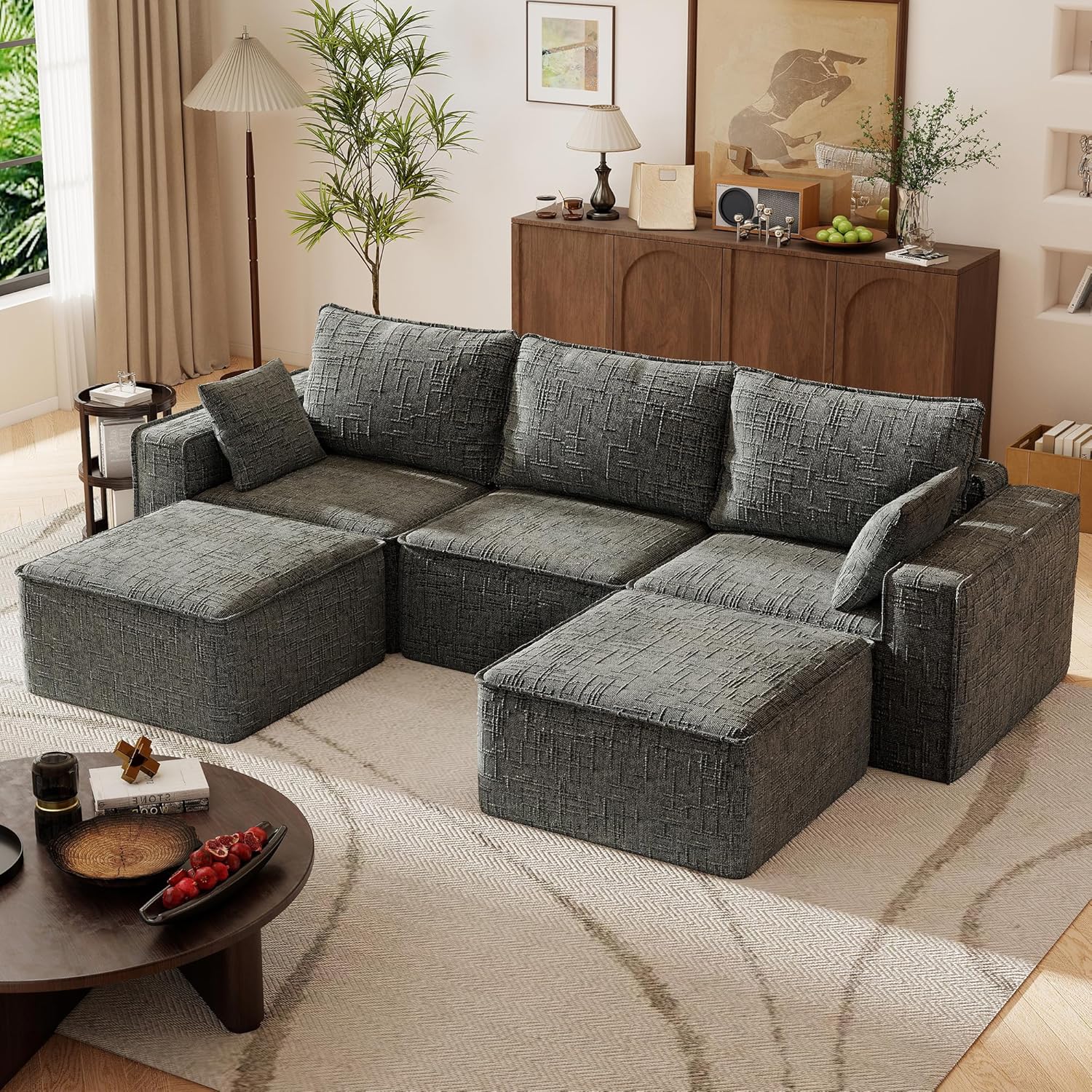 Hanherry 113.8” Boneless Couches L Shaped Sofa for Living Room, Modular Sofa Memory Foam, Comfy Chenille Sofa with Deep Seat & Movable Ottoman for Apartments, Bedroom, No Assembly Required, Dark Gray