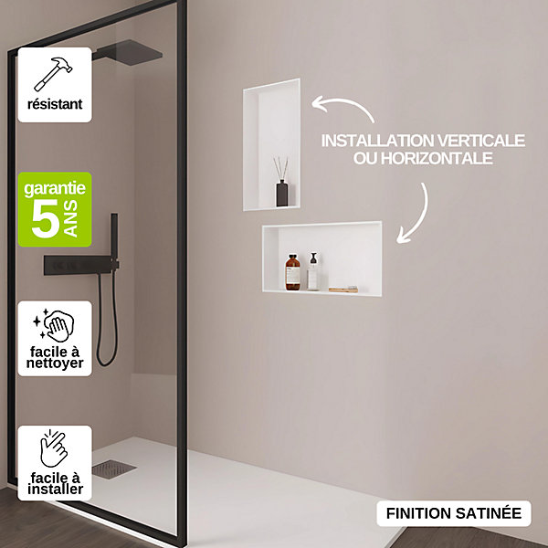Niche de Douche Blanc Satiné - 63X33 cm - Rangement Mural Salle de Bain - NOOK