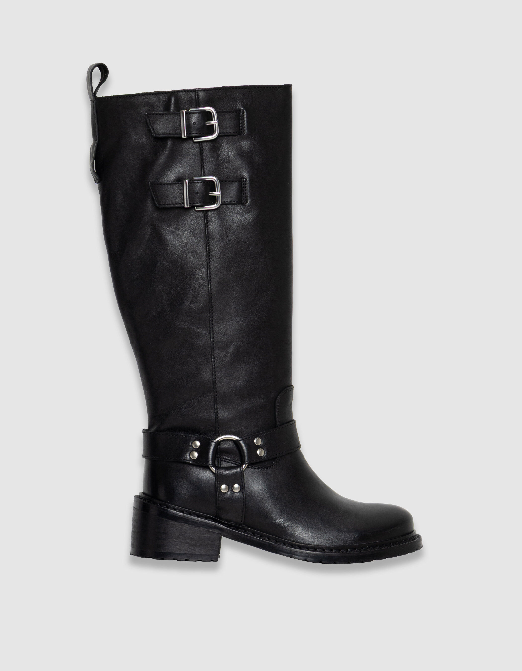 Bottes noires cuir esprit motard double boucle Femme
