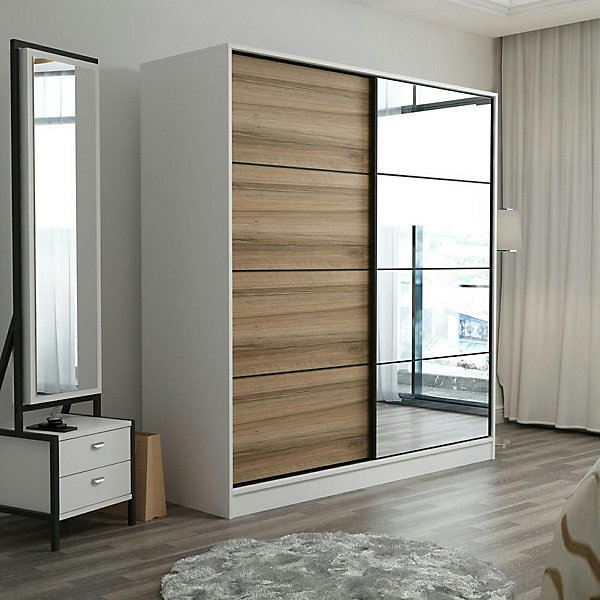 Armoire penderie blanche, porte effet bois et miroir BYRON