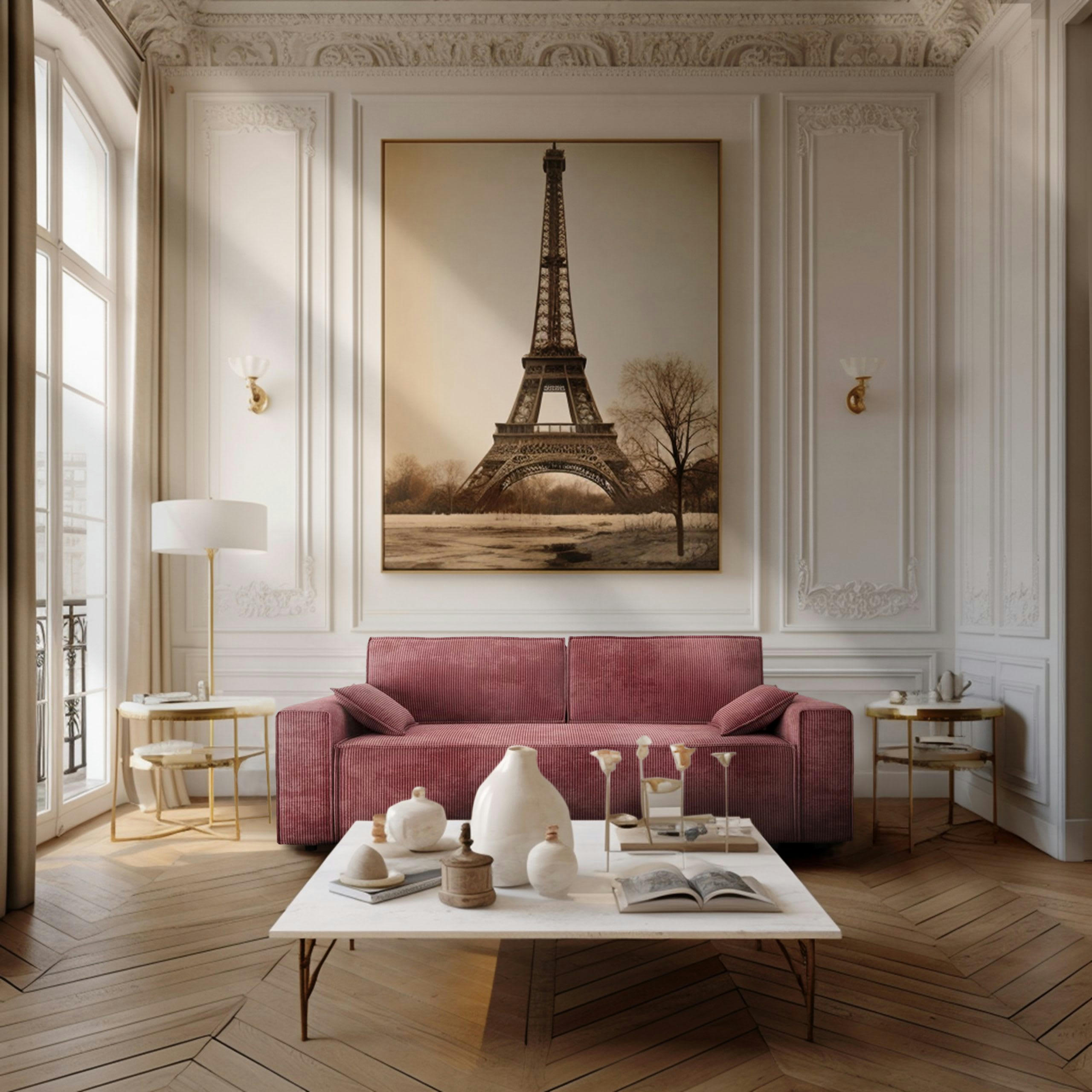 DURIF - Canapé droit convertible 3 places en velours côtelé vieux rose