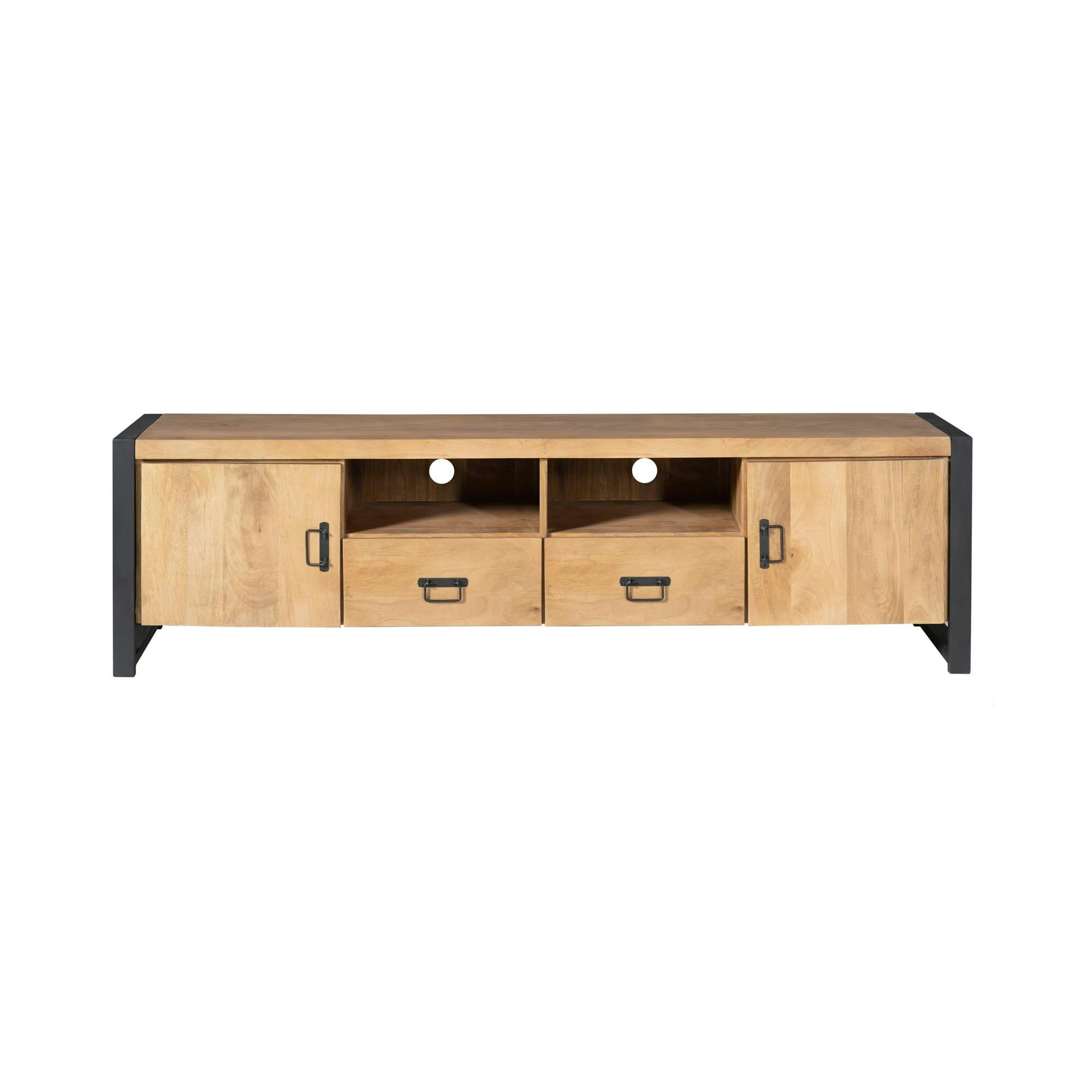 Long meuble TV bois clair métal noir 2 portes MILORA