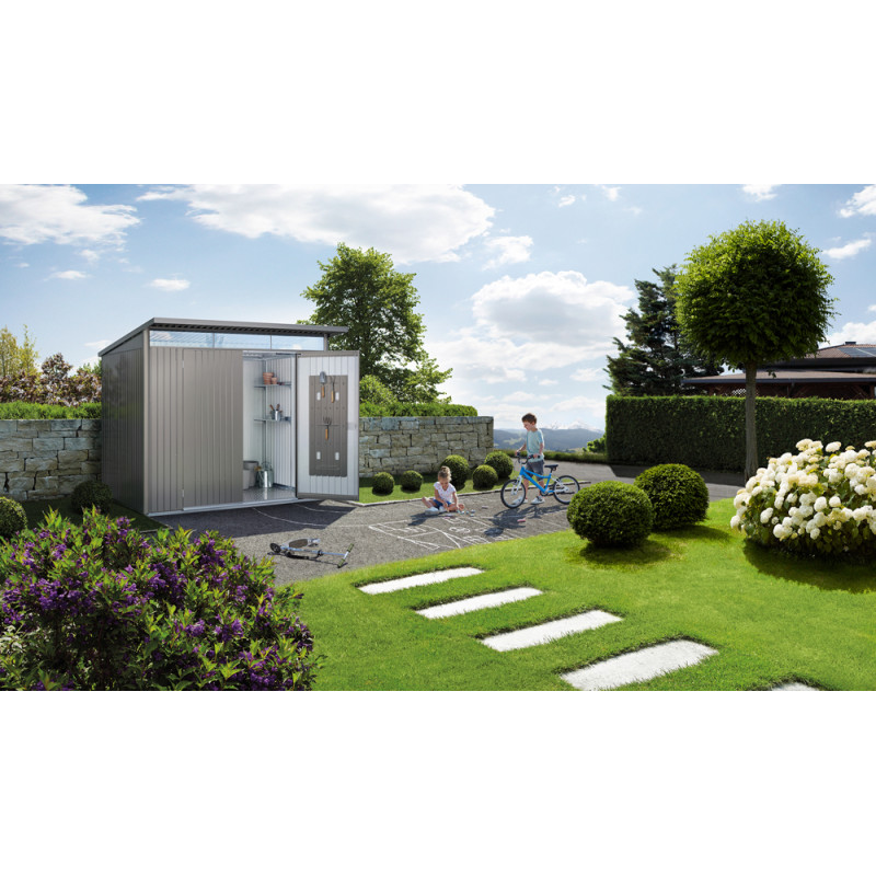 Abri de jardin en métal AvantGarde Eco double porte gris métallisé 2,6 x 2,2 x 2,18 m BIOHORT