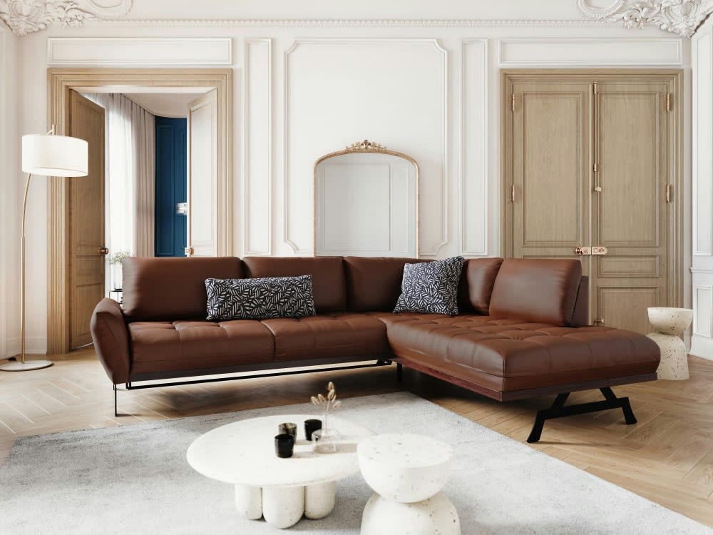 OLIVIER - Canapé d'angle 5 places en cuir marron