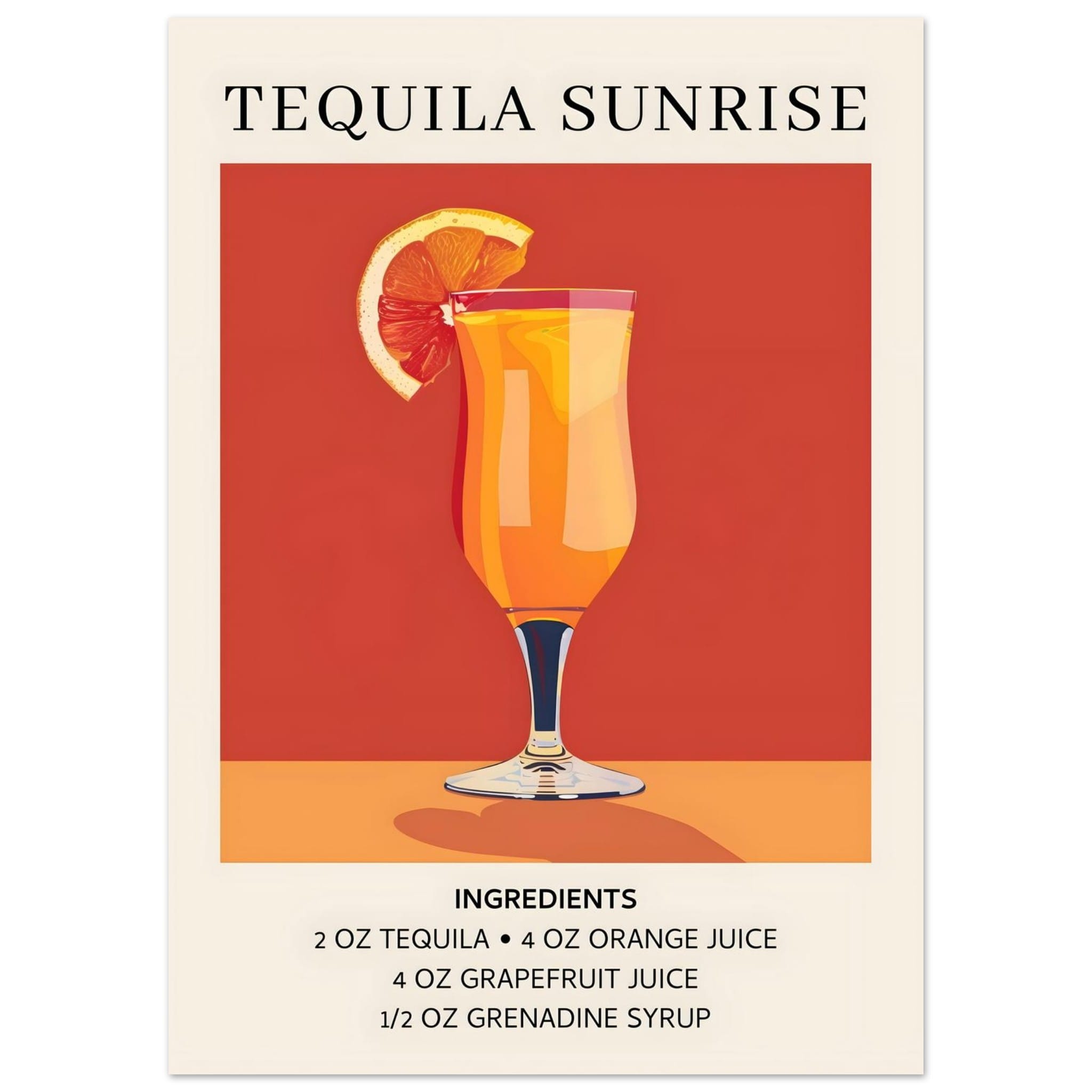 Artfulprints Poster Tequila Sunrise cocktail - Ingrediënten  - 50x70 cm - Oranje