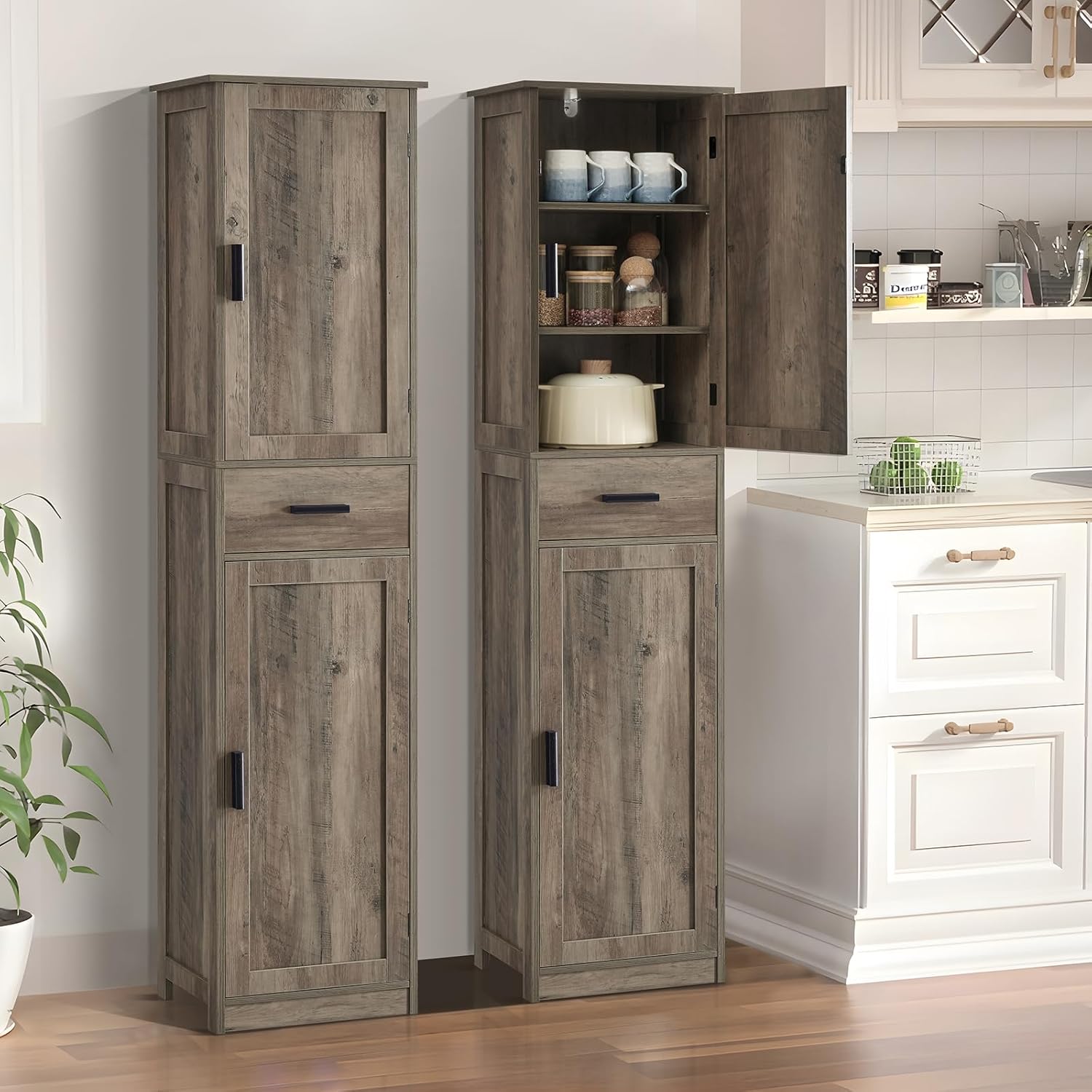 usikey 67'' Tall Storage Cabinet, Narrow Bathroom Floor Storage Cabinet with 4 Shelves & 2 Doors, for Bathroom, Living Room, Rustic Gray UNSNG040M