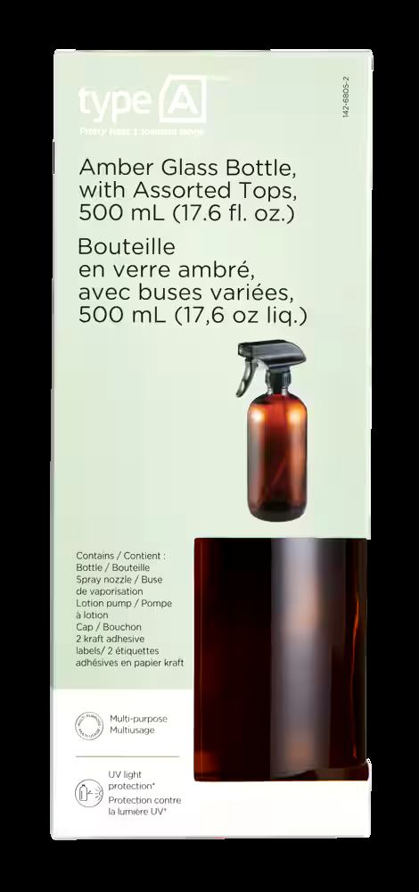 type A Amber Glass Bottle with Assorted Tops, 500-mL