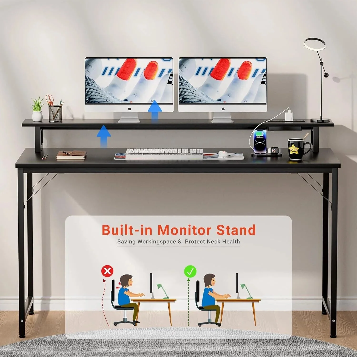 Farmhouse Gaming Desk with USB Ports, Home Office Computer Table With LED Lights