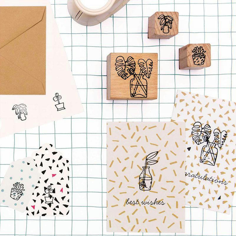 PLANTES - 7 tampons en bois avec encreur plantes d'intérieur
