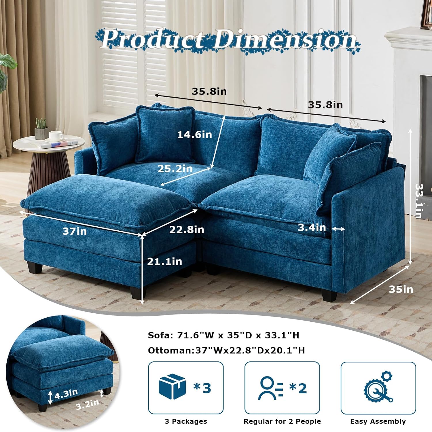 SoarFlash Chenille 77.95 Sectional Sofa, Comfy L Shaped Modular Coush Sofa with Ottoman, Modern 2 Seat Couch Deep Seat Sofa Set for Living Room,Blue