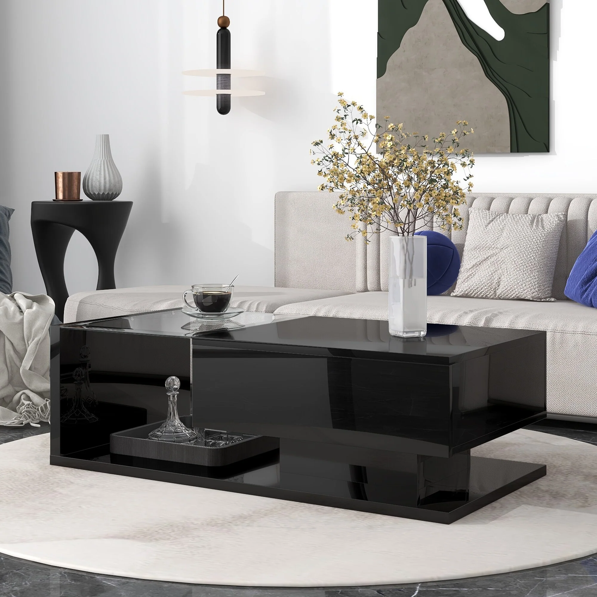 Modern Coffee Table with Tempered Glass, Wooden Cocktail Table, Modernist 2-Tier Rectangle Center Table