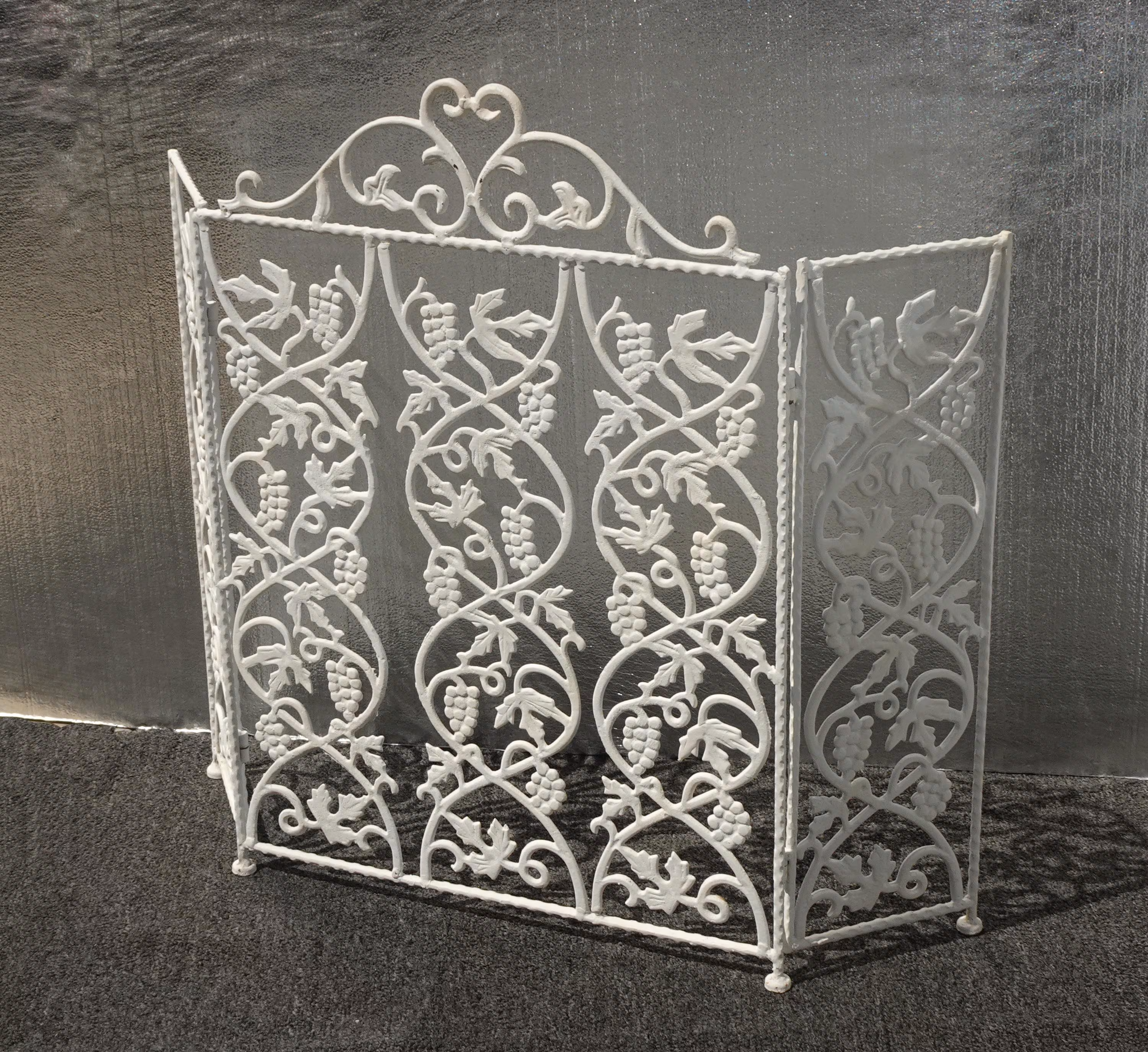 Vintage cast iron White chic shabby Three Panel Fireplace Screen