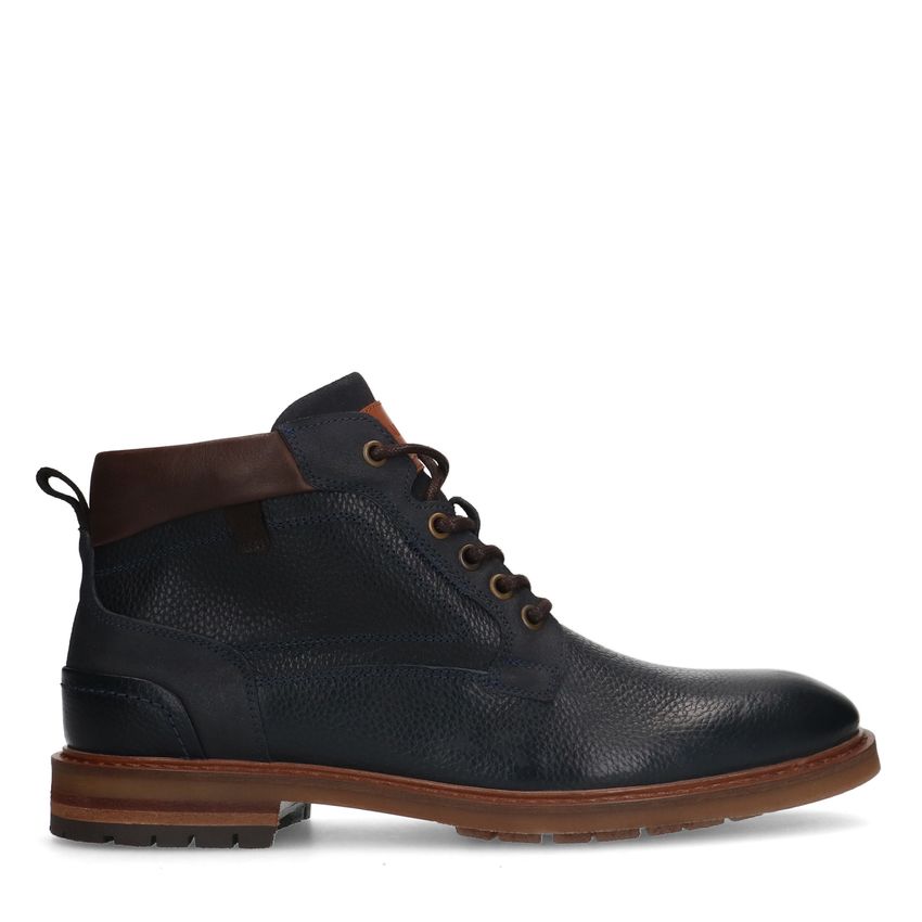 Manfield Donkerblauwe leren veterboots