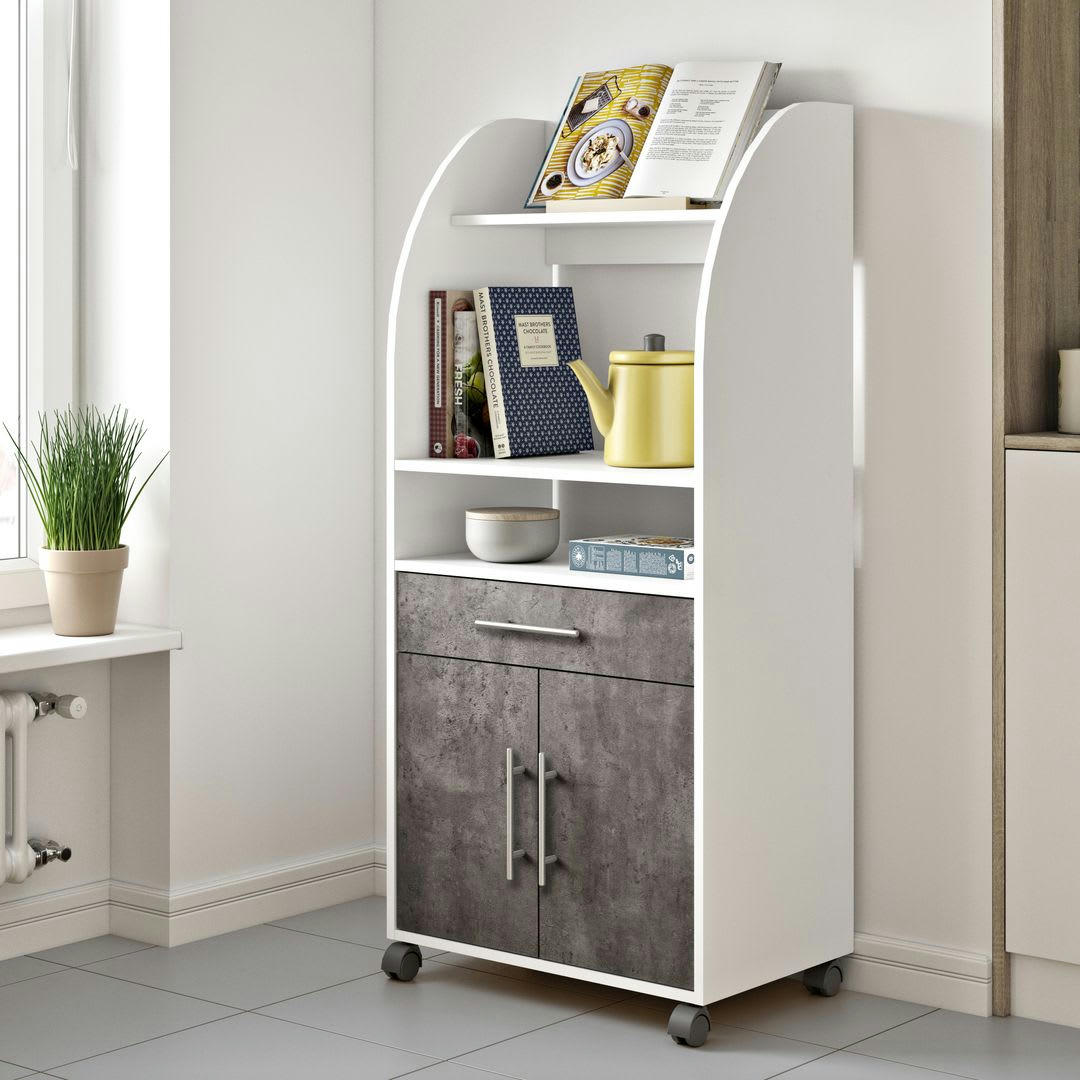 JEANNE - Desserte micro-onde effet bois blanc et béton