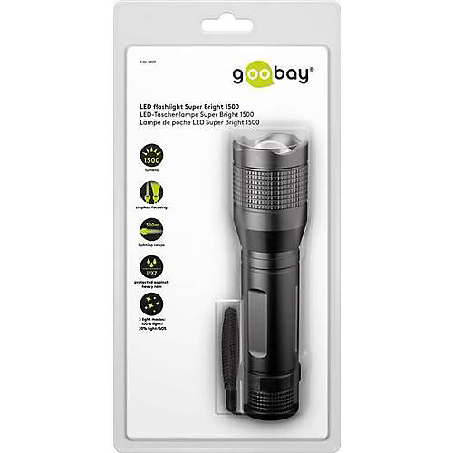 Goobay Lampe de poche LED Zoom 1500 lm, 3 modes, 6xAA, boîtier aluminium