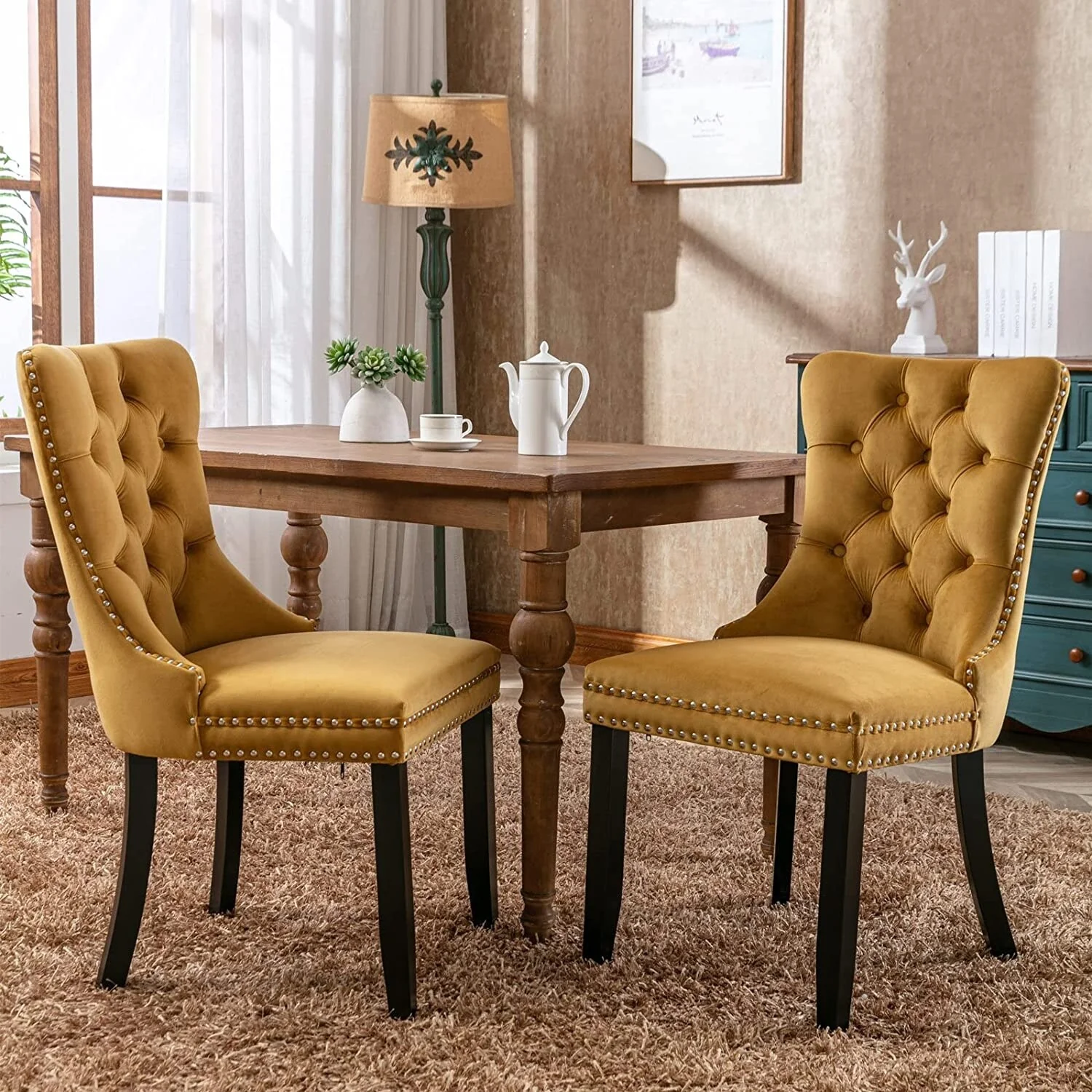 Dining Chairs Set of 2, Upholstered Accent Chair Button Tufted Armless Chair with Back Ring Pull and Nailhead Trim