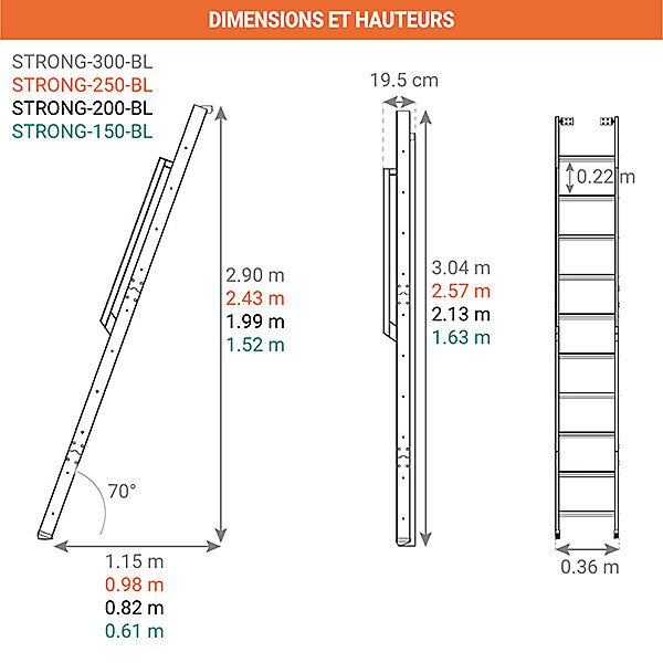 Echelle de meunier rabattable blanche 6 marches - Hauteur sol à sol 1.52m - Largeur 36cm - STRONG-150-BL