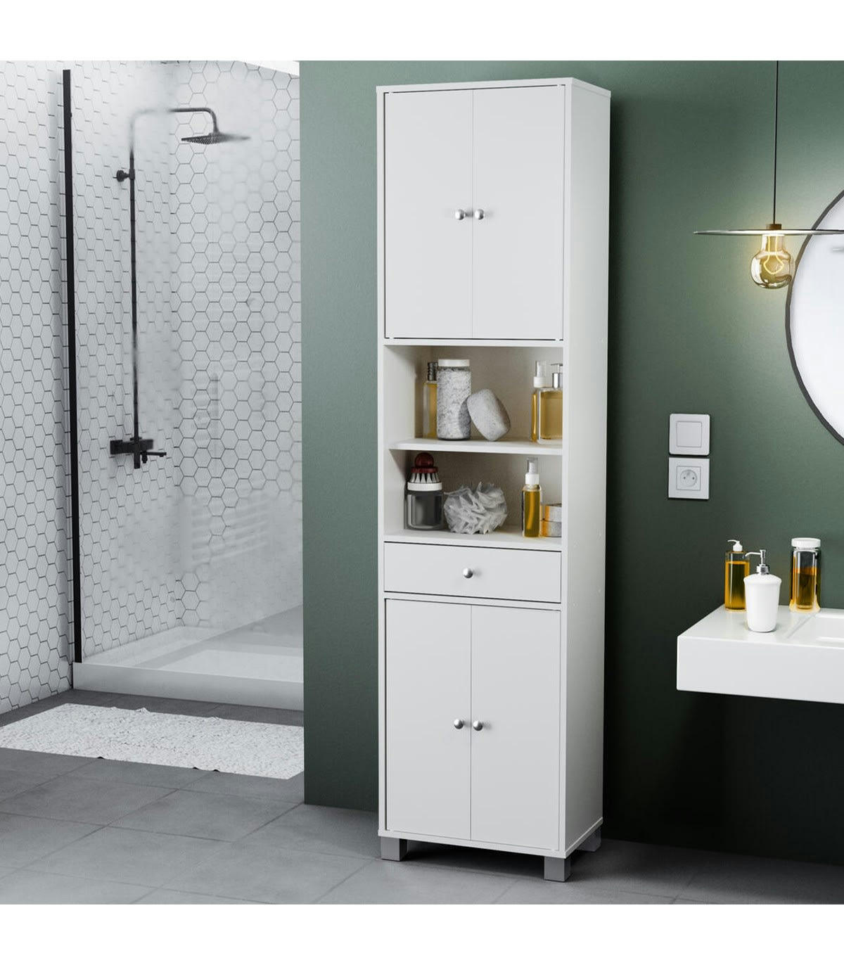 BIKINI - Colonne de salle de bain blanc 4 Portes 1 Tiroir et Niches - L50,5 cm