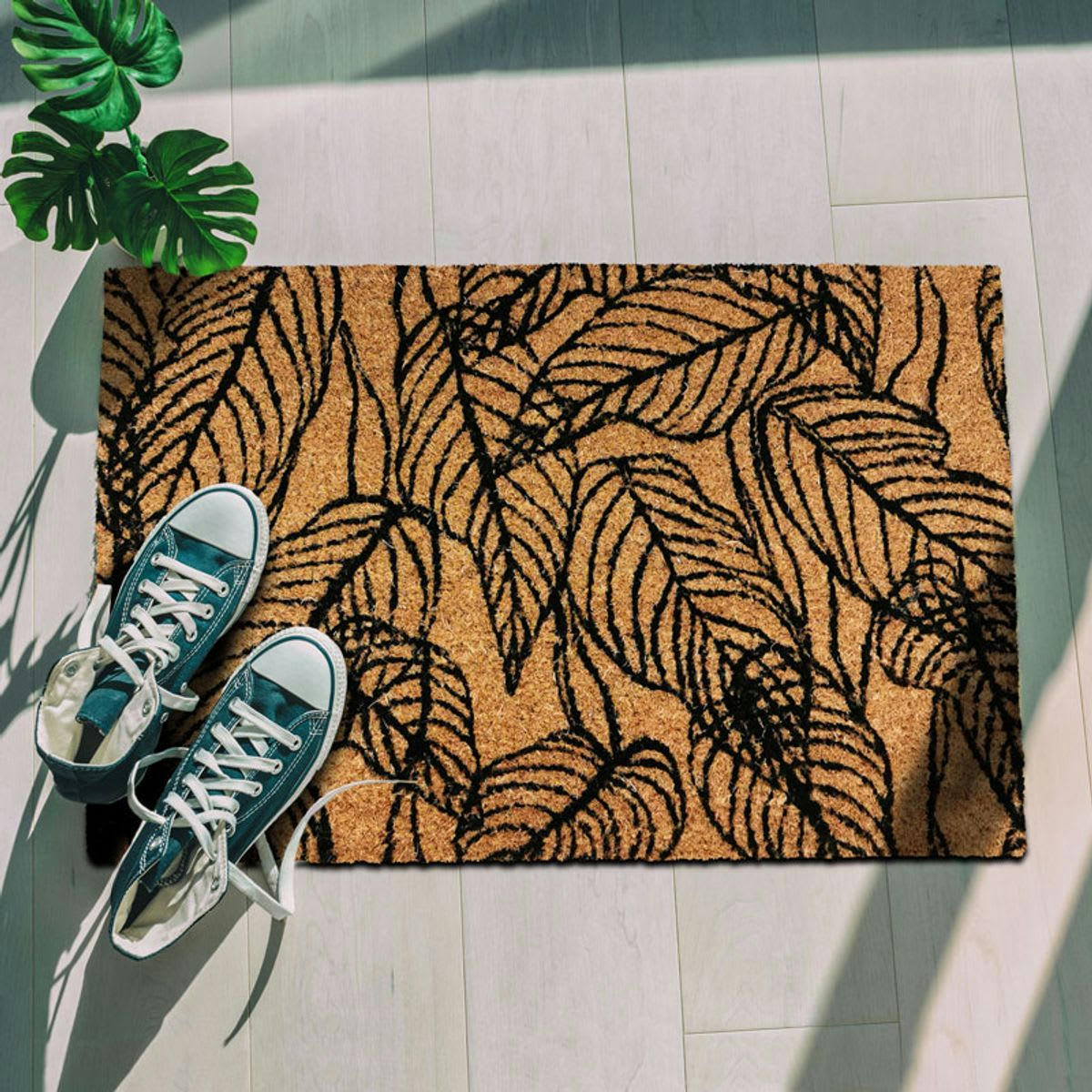 NERVURE - Paillasson fibre de coco motif feuilles naturel-noir 60x40