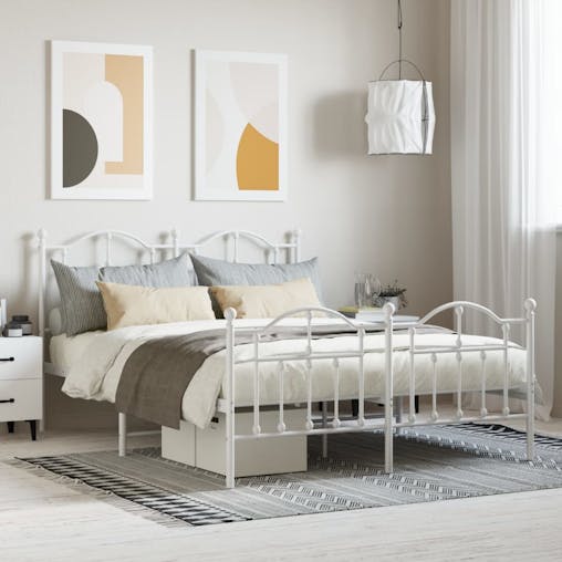NNEVL Metal Bed Frame with Headboard and Footboard White 153x203 cm Queen