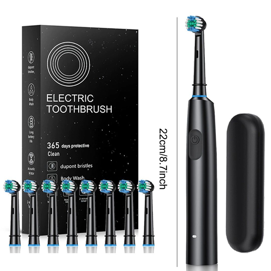 EONLION Black Rotating Electric Toothbrush Rechargeable With 8 Brush Heads