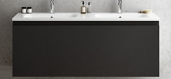 Meuble vasque suspendu noir mat strié l.120 cm   plan double vasque blanc céramique, Pura